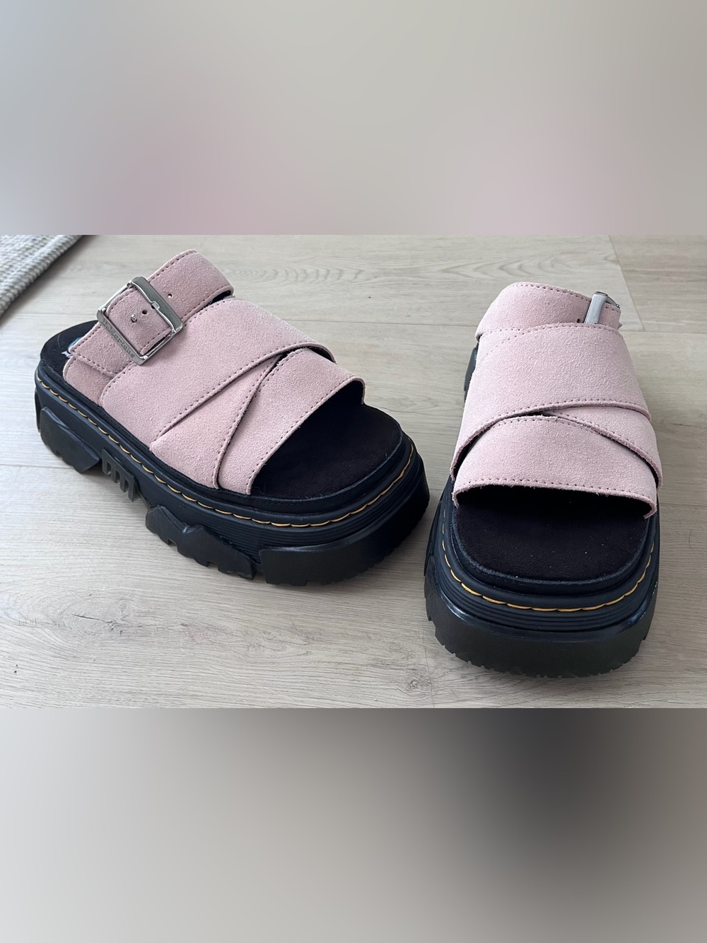 Dr. Martens Pink Suede Chunky Platform Slide Sandals - Picture 2 of 6